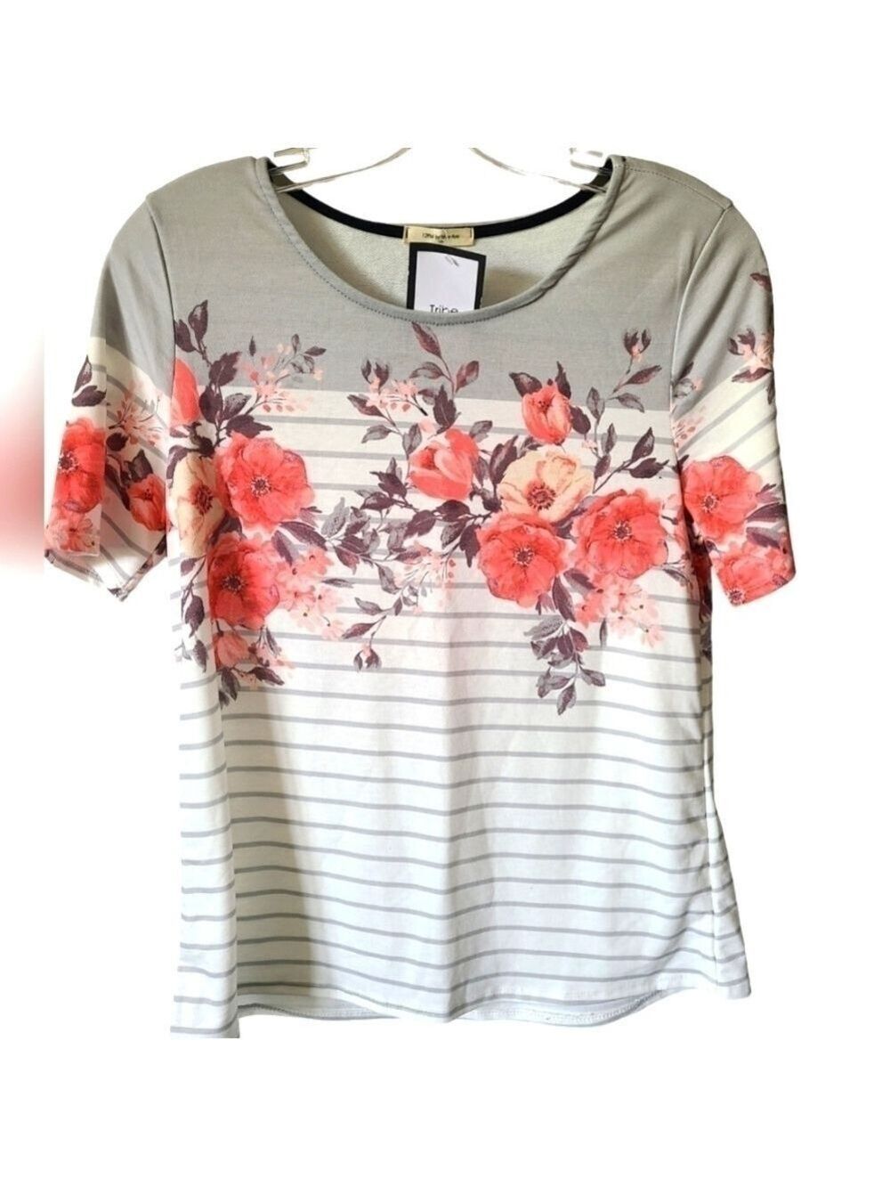 12 PM MON AMI Orange & Grey floral Short Sleeve French terry Top Size Medium NWT